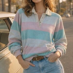 Vintage Hunters Run Pastel Striped Rugby Polo Shirt Kangaroo Pocket Teal Pink S